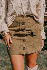 Camel Corduroy Buttoned Front Faux Pockets Mini Skirt