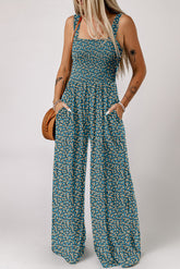 Green Floral Print Smocked High Waist Square Neck Jumpsuit