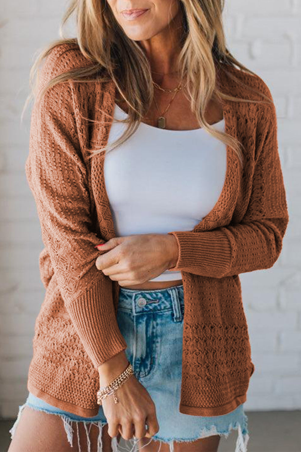 Jet Stream Mix Pattern Hollowed Knit Open Front Cardigan