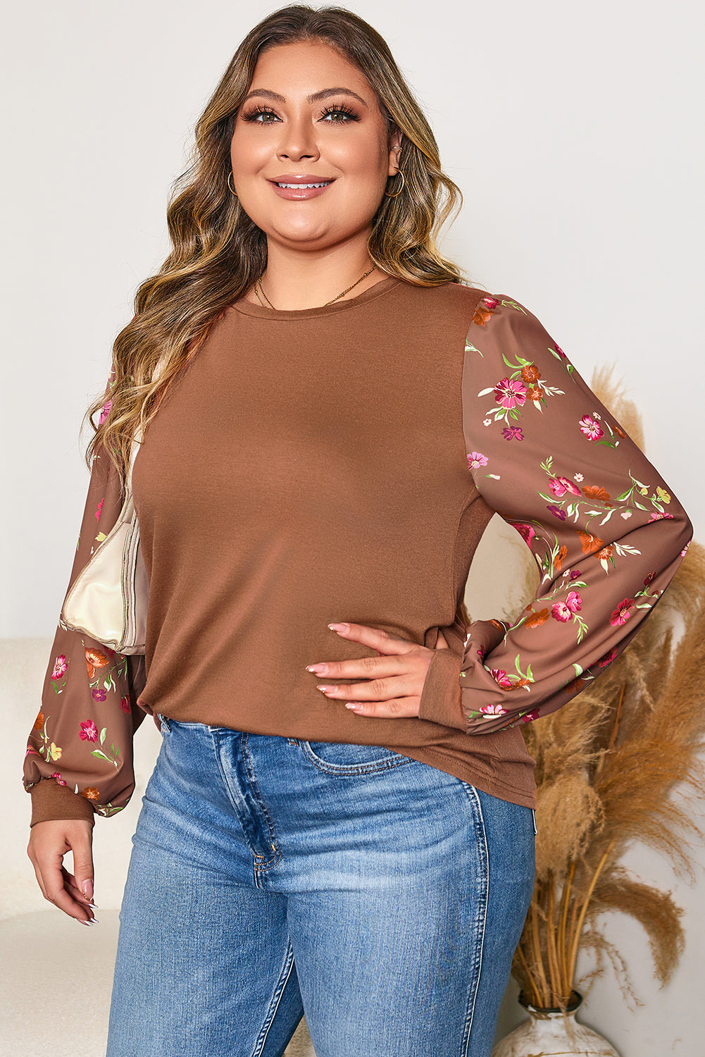 Brown Floral Sleeve Patchwork Round Neck Plus Blouse