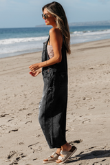 Black Distressed Bib Pocket Wide Leg Denim Overall