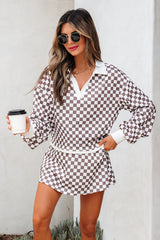 Khaki Checkered Print Polo Collar Cropped Long Sleeve Top Drawstring Mini Skirt Set