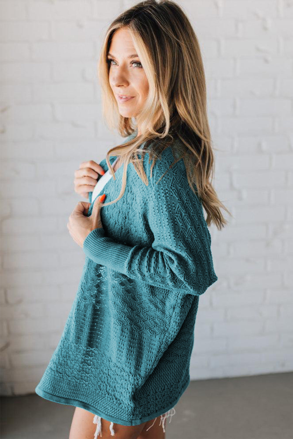 Jet Stream Mix Pattern Hollowed Knit Open Front Cardigan