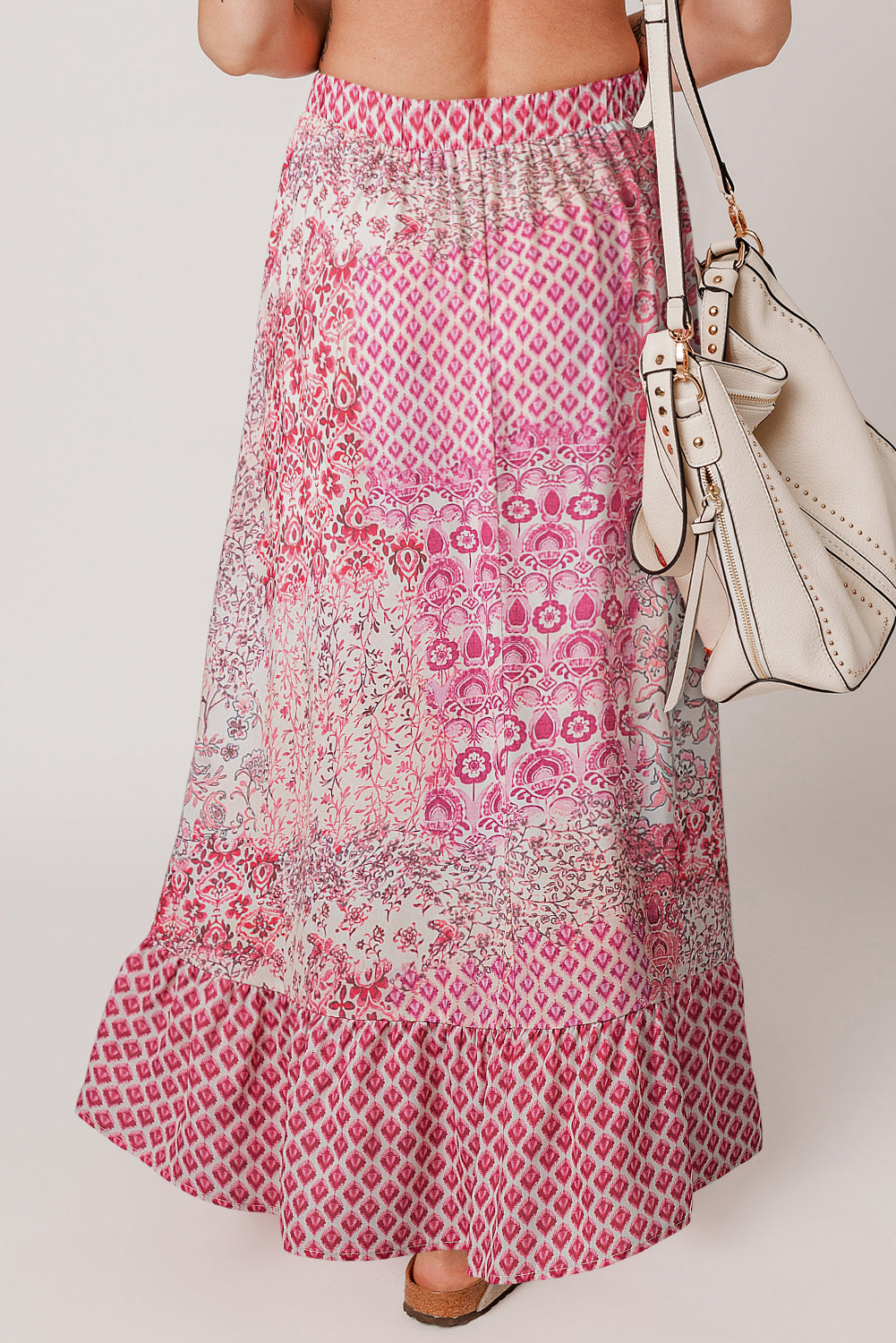 Red Boho Pattern Print Tassel Drawstring Elastic Waistband Maxi Skirt