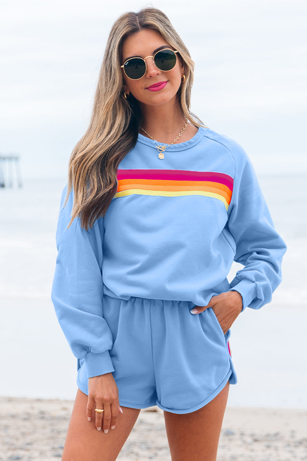 Apricot Striped Accent Pullover and Shorts Two Piece Casual Set