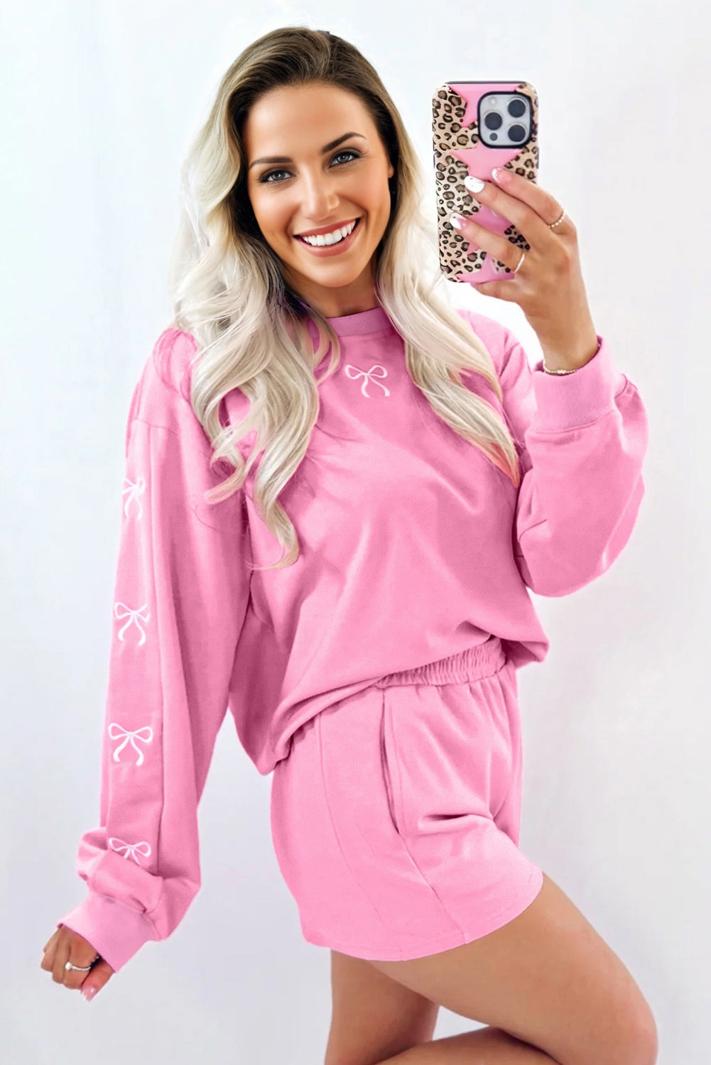 Light Grey Girly Bow Embroidered Detail Puff Sleeve Pullover 2pcs Short Set