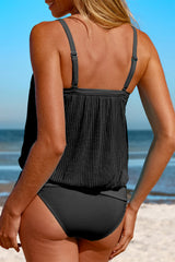 Black Striped Mesh Knotted Hem Tankini Swimsuit