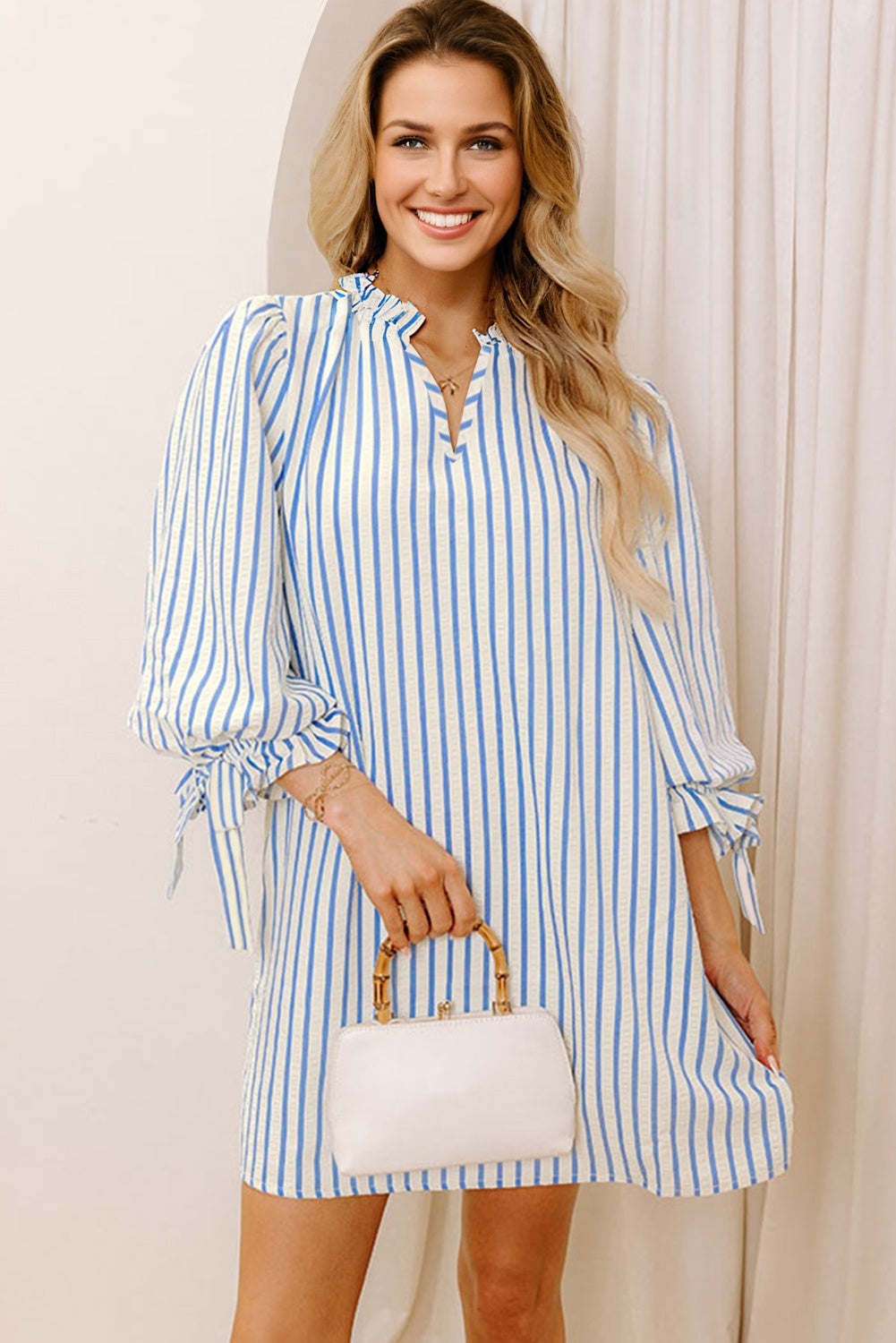Sky Blue Stripe Knotted Bracelet Sleeve Notched Neck Shift Mini Dress