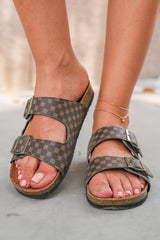 Coffee Geometric Print Cut Out Buckle PU Leather Flat Slippers