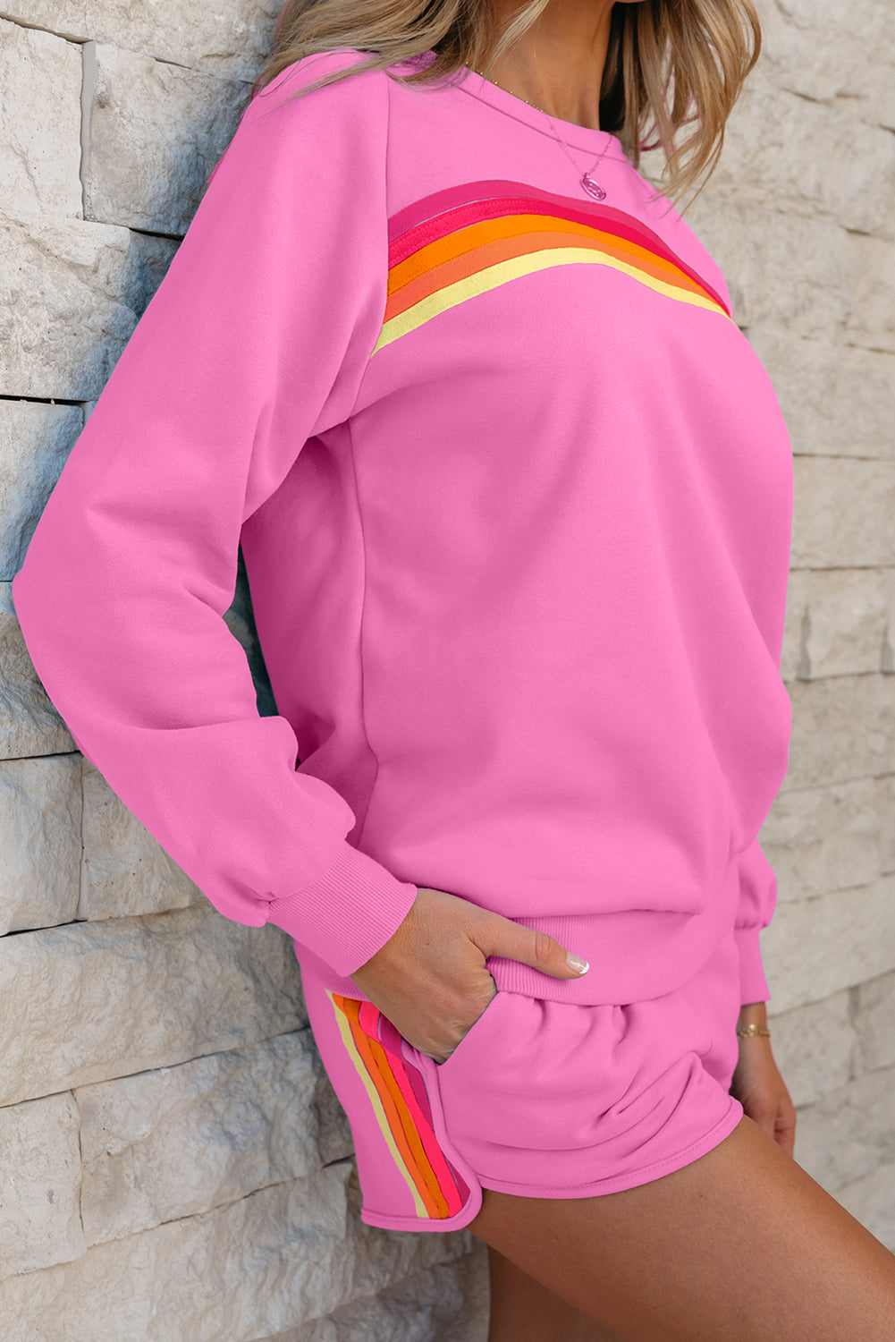 Apricot Striped Accent Pullover and Shorts Two Piece Casual Set