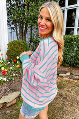 Orange Stripe Trimmed Round Neck Drop Shoulder Loose Sweater