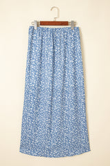 Sky Blue Boho Floral High Waist Long Skirt with Side Split