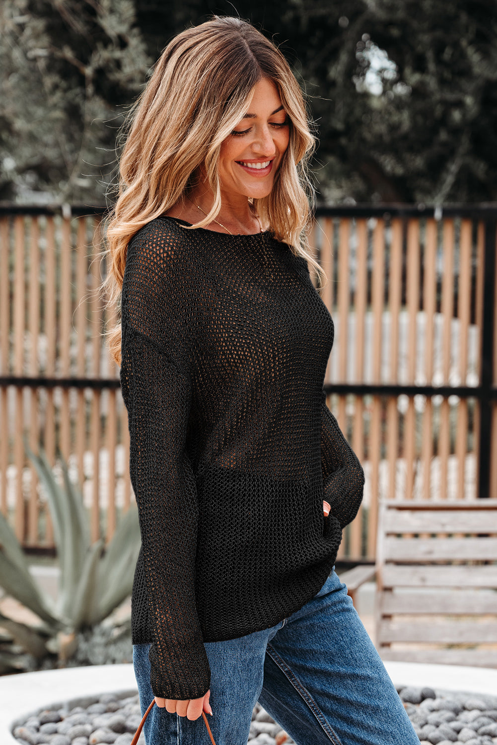 Smoke Gray Crochet Hollow-out Jumper Top Sweater