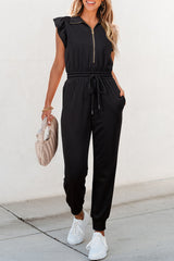 Black Zipper Flutter Sleeve Drawstring Elastic Waistband Jumpsuit