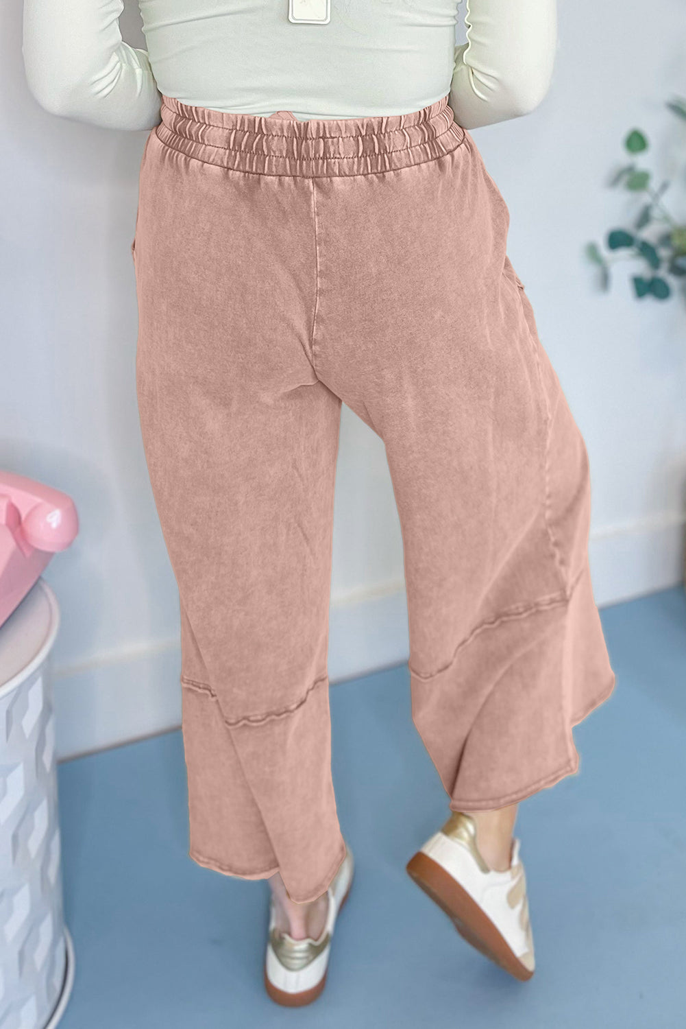 Pink Flower Patch Mineral Washed Terry Knit Cropped Wide Leg Pants