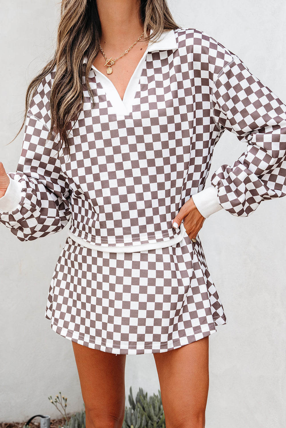 Khaki Checkered Print Polo Collar Cropped Long Sleeve Top Drawstring Mini Skirt Set