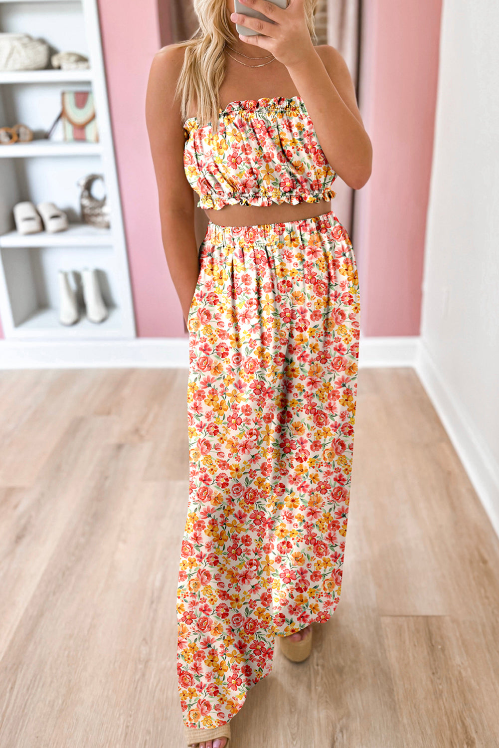 Pink Boho Floral Bandeau Top and High Waist Wide Women's Set Leg Pants Set
