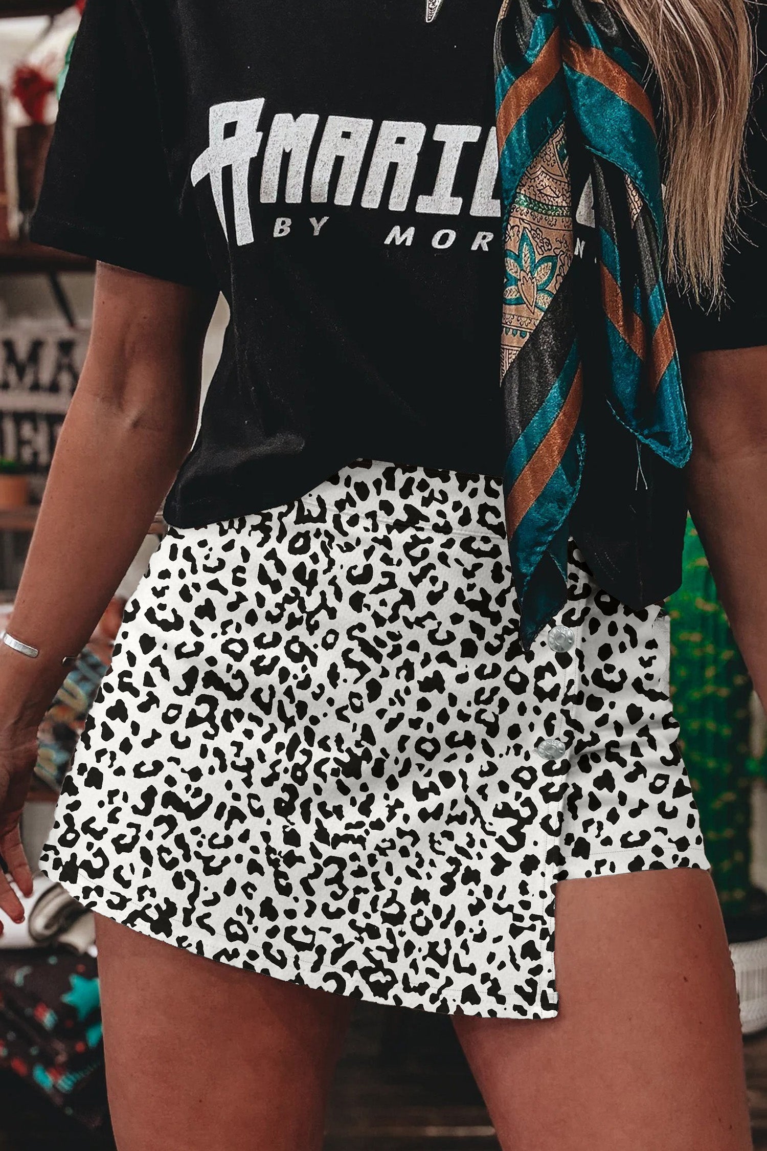 Leopard Print Button Overlap Denim Shorts