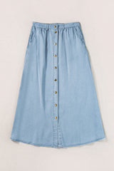 Mist Blue Fully Buttoned Long Denim Skirt