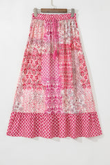 Red Boho Pattern Print Tassel Drawstring Elastic Waistband Maxi Skirt