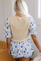 Beige Waffle Floral Patchwork Short Flounce Sleeve Peplum Blouse
