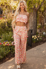 Pink Boho Floral Bandeau Top and High Waist Wide Women's Set Leg Pants Set