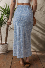 Sky Blue Boho Floral High Waist Long Skirt with Side Split