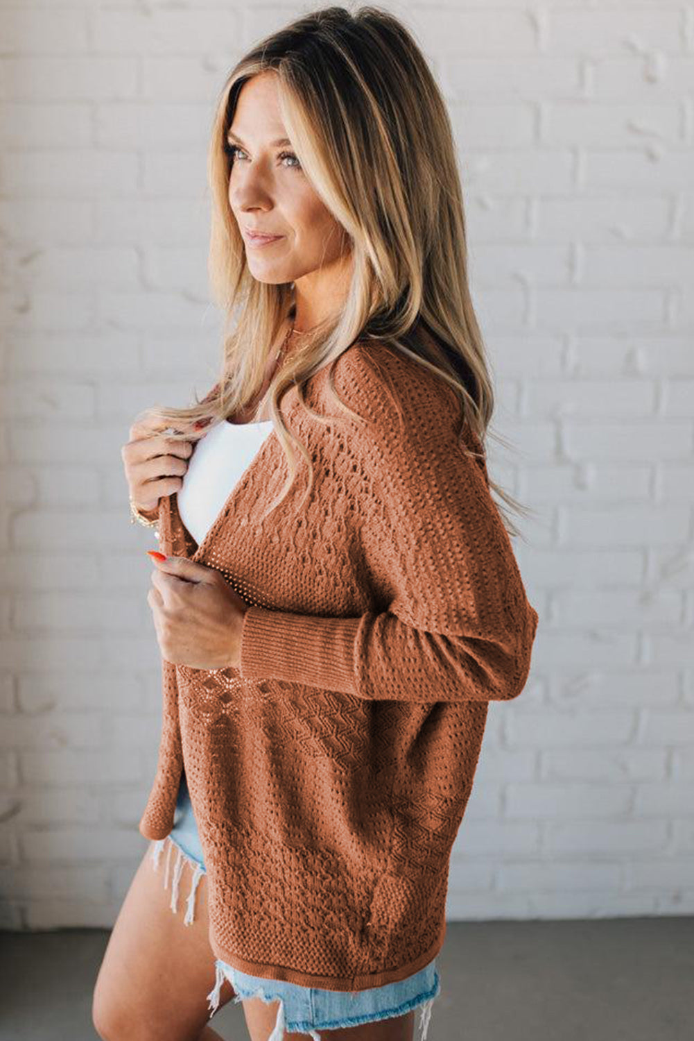 Jet Stream Mix Pattern Hollowed Knit Open Front Cardigan
