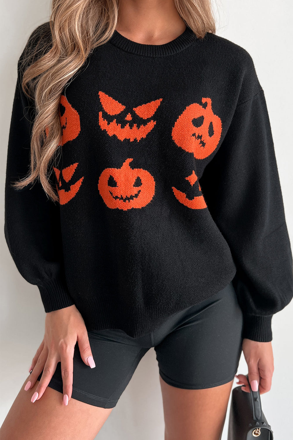 Orange Halloween Pumpkin Face Pattern Drop Shoulder Sweater
