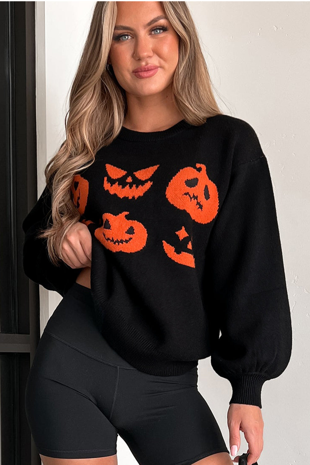 Orange Halloween Pumpkin Face Pattern Drop Shoulder Sweater