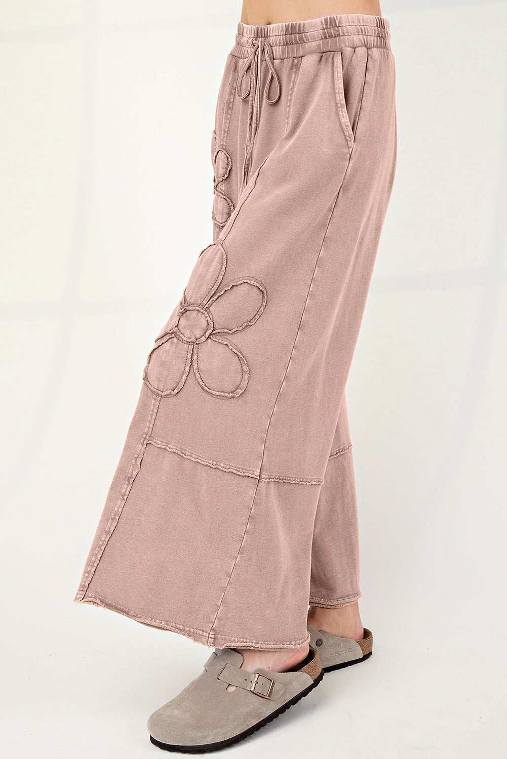 Pink Flower Patch Mineral Washed Terry Knit Cropped Wide Leg Pants