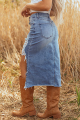 Myosotis Irregular Distressed Bottom Denim Midi Skirt